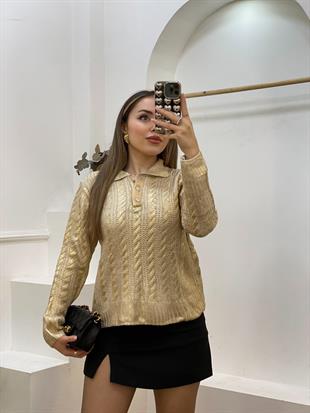 Gold Taş Düğmeli Varak Baskılı Kazak