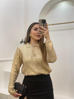 Gold Taş Düğmeli Varak Baskılı Kazak