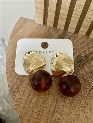 Gold Yuvarlak Kahve Taşlı Küpe 