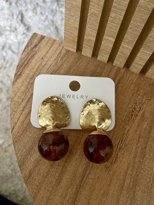 Gold Yuvarlak Kahve Taşlı Küpe 