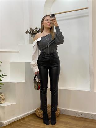 Gri Asimetrik Poplin Yaka Kazak