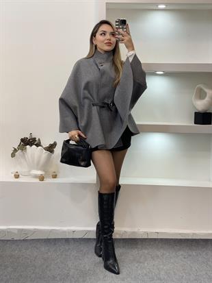 Gri Dik Yaka Kemerli Kaşe Panço