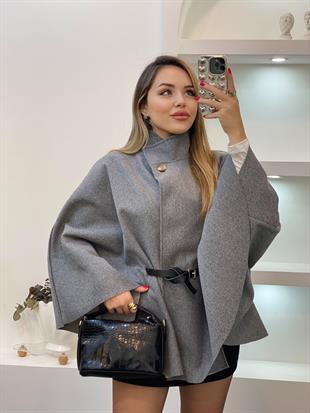 Gri Dik Yaka Kemerli Kaşe Panço