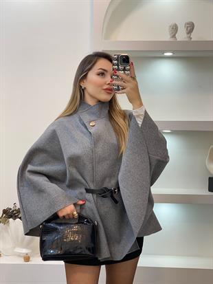 Gri Dik Yaka Kemerli Kaşe Panço