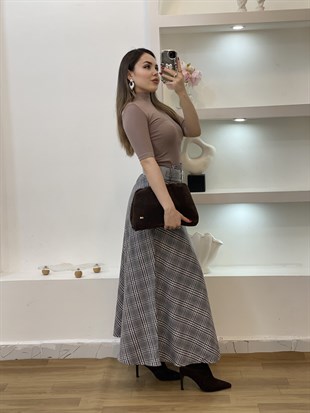 Gri Kemerli Ekose Desen Dokuma Kumaş Etek