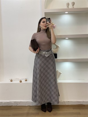 Gri Kemerli Ekose Desen Dokuma Kumaş Etek