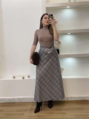 Gri Kemerli Ekose Desen Dokuma Kumaş Etek