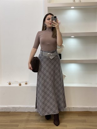 Gri Kemerli Ekose Desen Dokuma Kumaş Etek