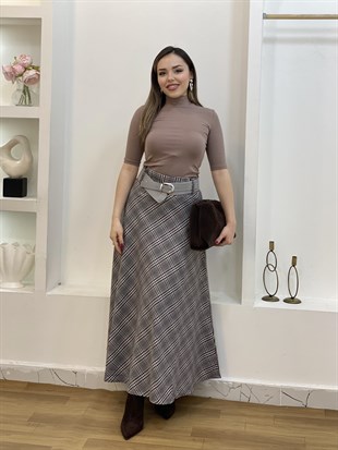 Gri Kemerli Ekose Desen Dokuma Kumaş Etek