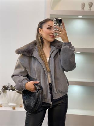 Gri Kürk Yaka Premium Yün Kaşe  Ceket