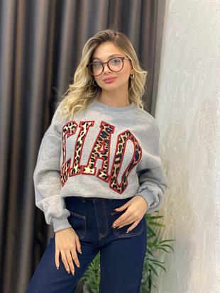 Gri Leo Yazılı İçi Şardonlu Sweatshirt 