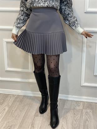 Gri Piliseli Arkası Fermuarlı Etek