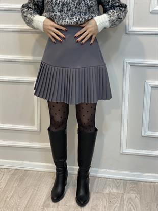 Gri Piliseli Arkası Fermuarlı Etek