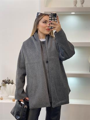 Gri Renk Şal Detaylı Kaşe Ceket