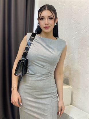 Gri Renk Yırtmaç Detay Sırt Fermuarlı Elbise