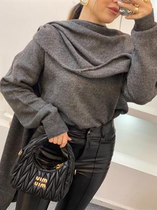 Gri Şal Detaylı Premium Kalite Kazak