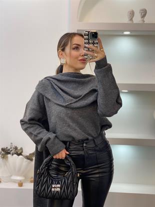 Gri Şal Detaylı Premium Kalite Kazak