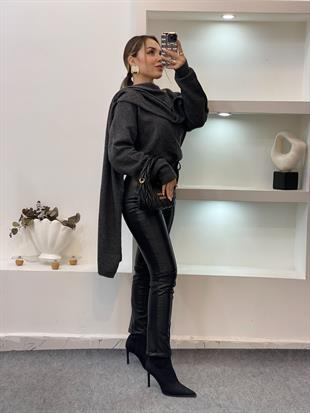 Gri Şal Detaylı Premium Kalite Kazak