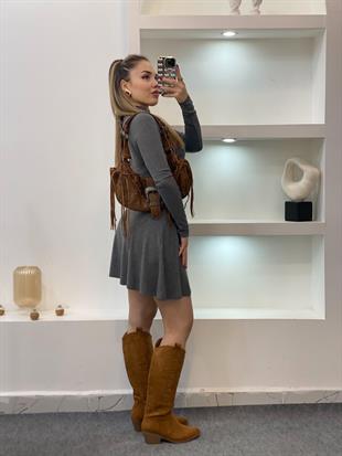 Gri Yarım Boğazlı Modal Elbise