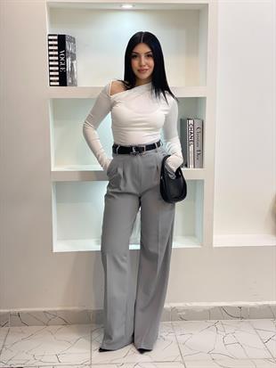 Gri Yüksek Bel Palazzo Pantolon 