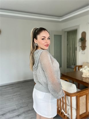 Gümüş Metaik Fermuarlı Kapşonlu Hırka