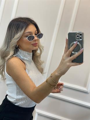 Gümüş Önü Varak Baskılı Kolsuz Triko