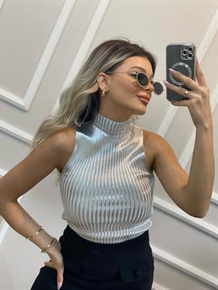 Gümüş Önü Varak Baskılı Kolsuz Triko