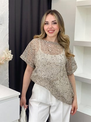 Gümüş Pul İşlemeli Bluz