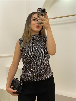 Gümüş Sırt Fermuarlı Payetli Bluz