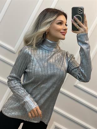 Gümüş Varak Baskılı Boğazlı Triko 