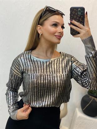 Gümüş Varak Baskılı Delikli Model Triko
