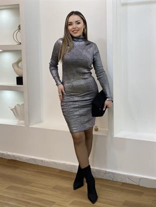 Gümüş Varak Baskılı Triko Elbise