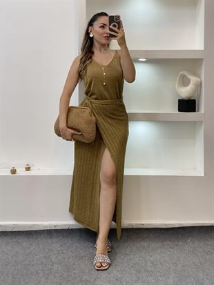 Haki Gold Sim Dokulu  Etekli Triko Takım