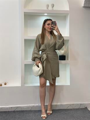 Haki Premium Kalite Kruvaze Yaka Bağlamalı Model Elbise