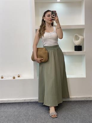 Haki Yeşil Beli Örgü Detay Keten Etek