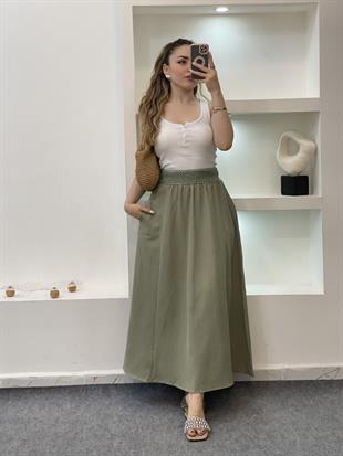 Haki Yeşil Beli Örgü Detay Keten Etek
