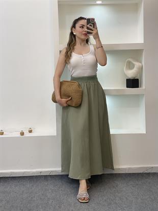 Haki Yeşil Beli Örgü Detay Keten Etek