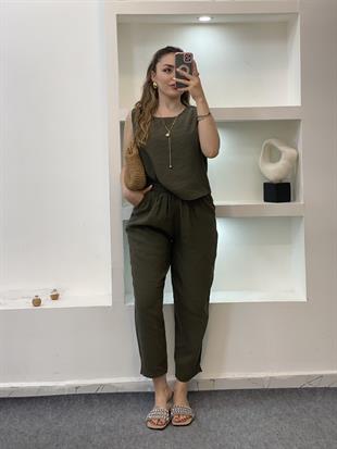 Haki Yeşil Bluz Pantolon Tensel Takım