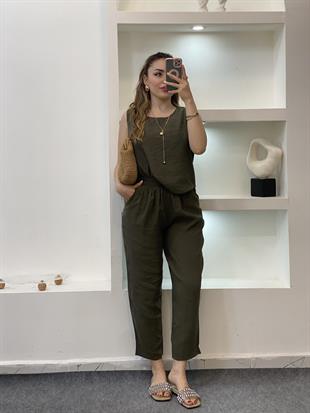 Haki Yeşil Bluz Pantolon Tensel Takım