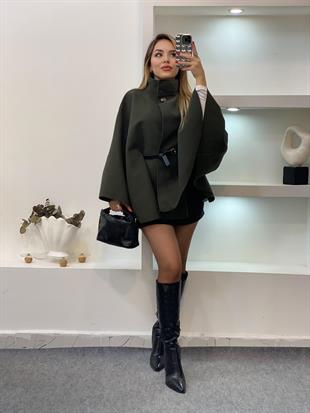 Haki Yeşil Dik Yaka Kemerli Kaşe Panço