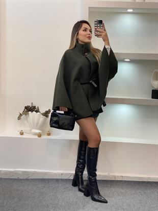 Haki Yeşil Dik Yaka Kemerli Kaşe Panço