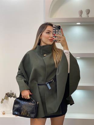 Haki Yeşil Dik Yaka Kemerli Kaşe Panço