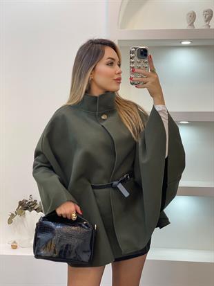 Haki Yeşil Dik Yaka Kemerli Kaşe Panço