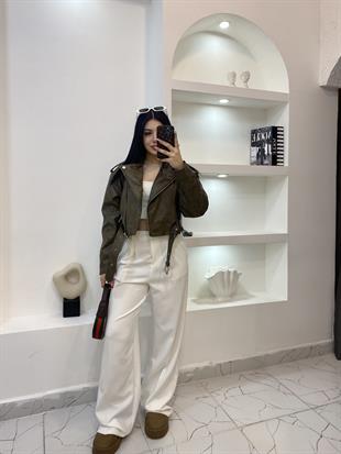 Haki Yeşil Kemerli Premium Deri Ceket 