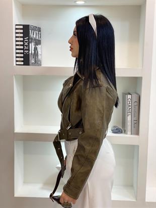 Haki Yeşil Kemerli Premium Deri Ceket 