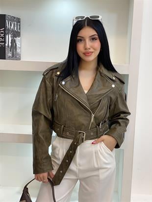 Haki Yeşil Kemerli Premium Deri Ceket 