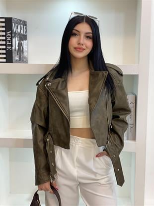 Haki Yeşil Kemerli Premium Deri Ceket 