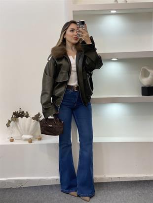 Haki Yeşil Premium Kürk Yaka Deri Ceket