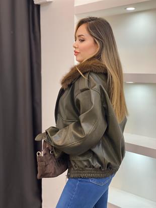 Haki Yeşil Premium Kürk Yaka Deri Ceket