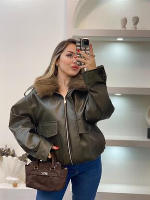 Haki Yeşil Premium Kürk Yaka Deri Ceket